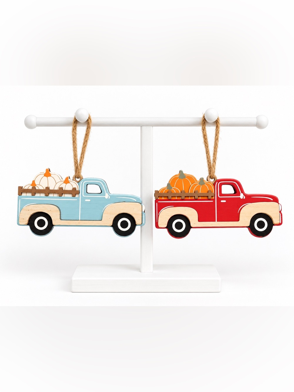 2 autumn wood truck ornaments